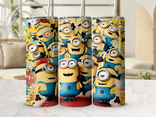 Minions characters on a yellow background with blue overalls and straw.