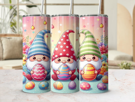 Three gnomes in striped hats hold decorated Easter eggs, with a floral background.