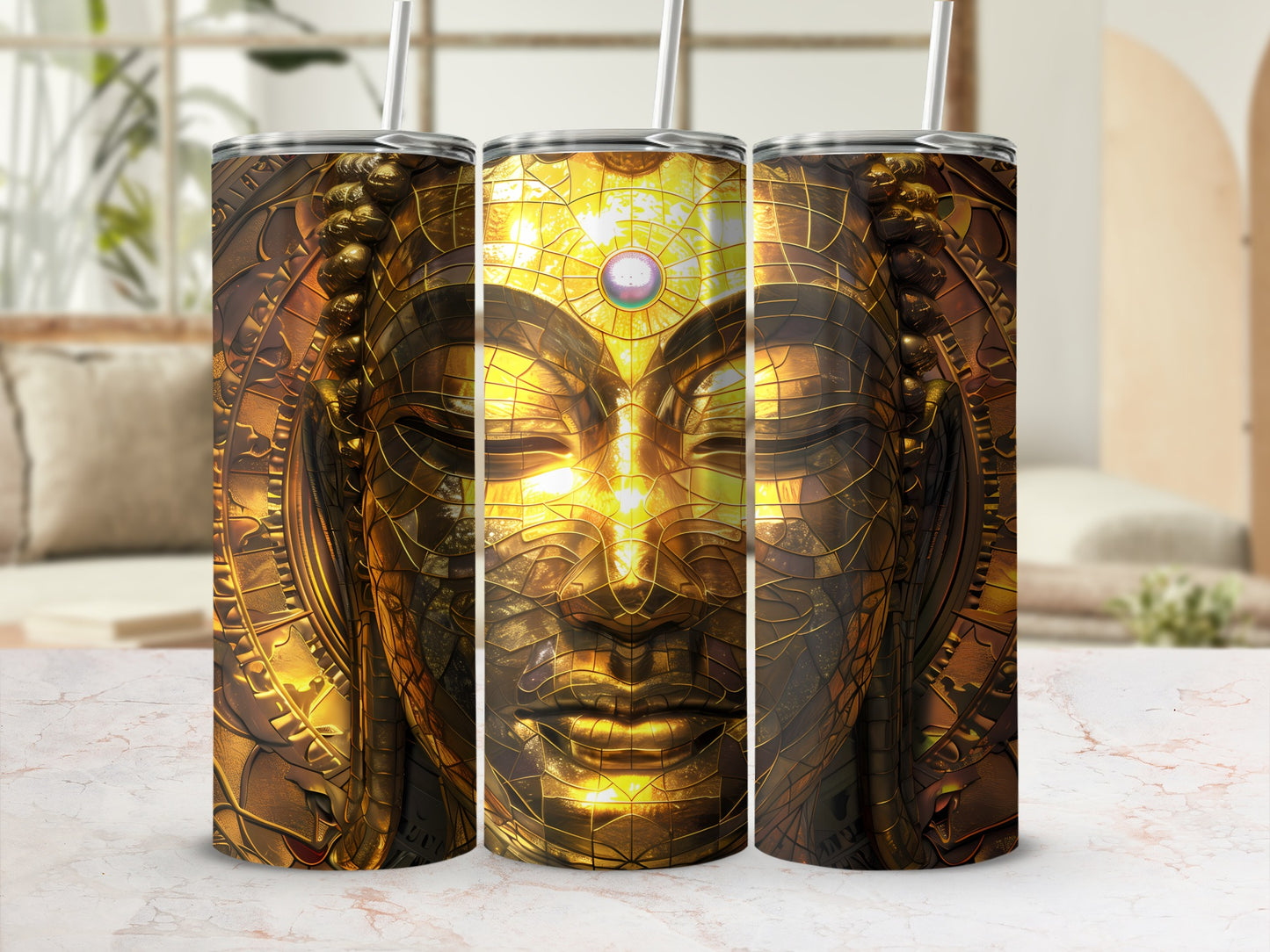 Three golden Buddha tumblers with intricate metal details and straw.