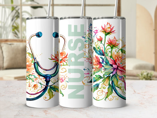 White tumbler with floral design and "NURSE" text.