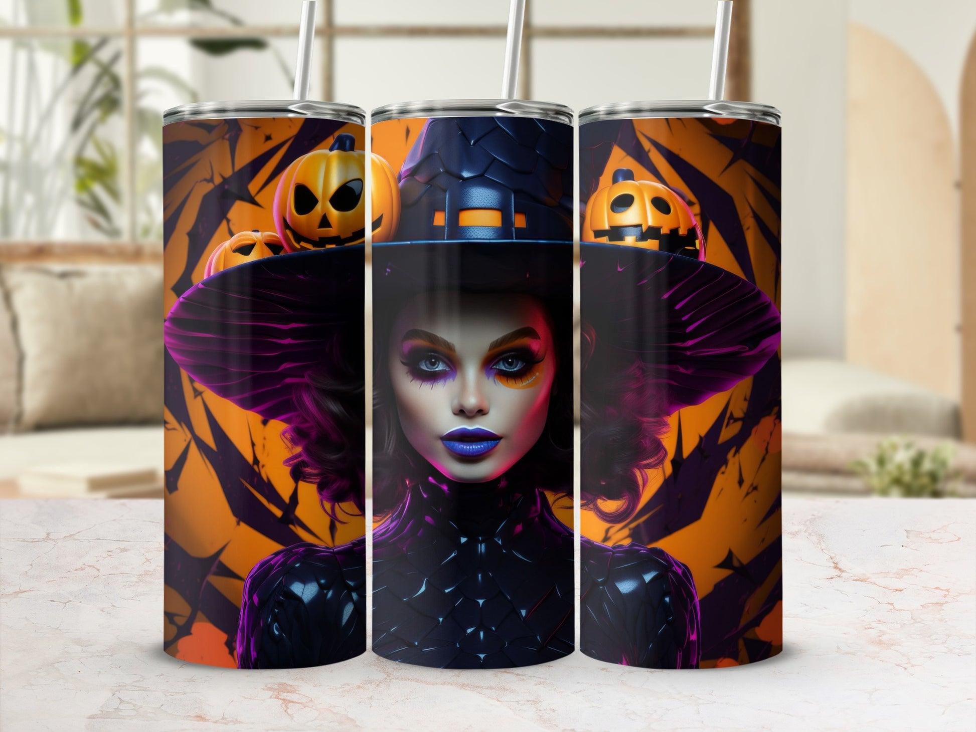 Three tumblers with a Halloween witch design featuring pumpkins and a woman in a witch hat.