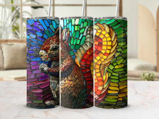 Triptych of stained glass effect tumblers featuring a squirrel design.
