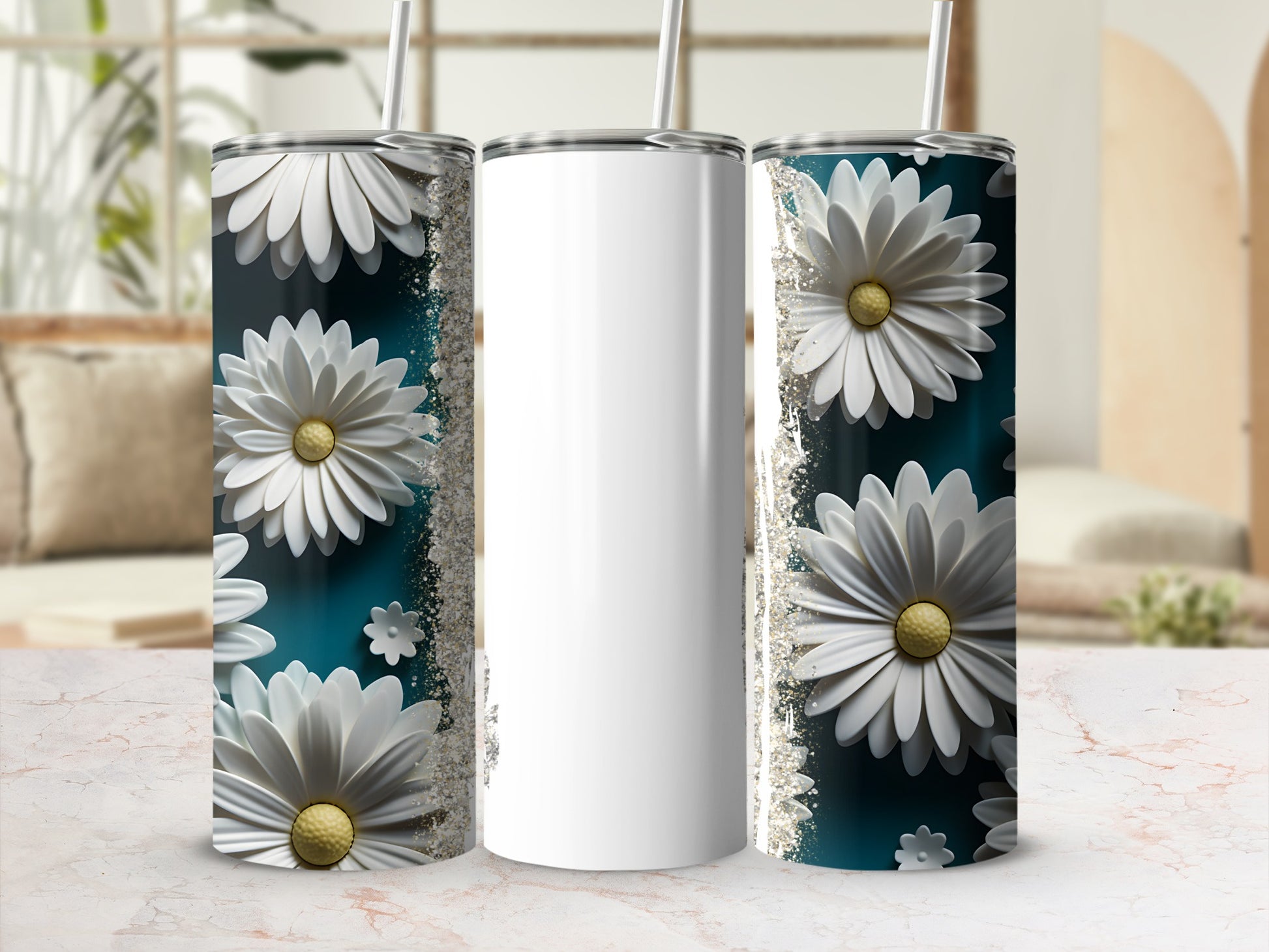 White tumbler with daisies and glitter on marble countertop.
