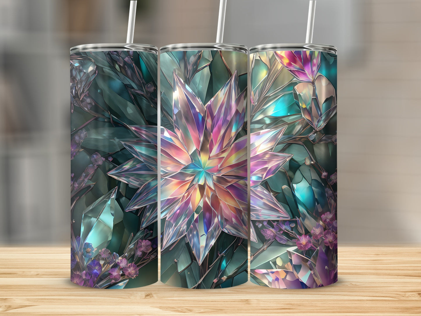 Three tumblers with iridescent crystalline floral designs.