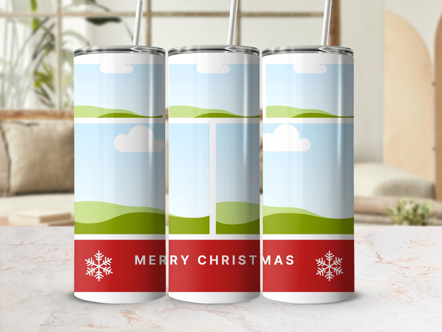 Three tumblers with winter landscape and "Merry Christmas" text.