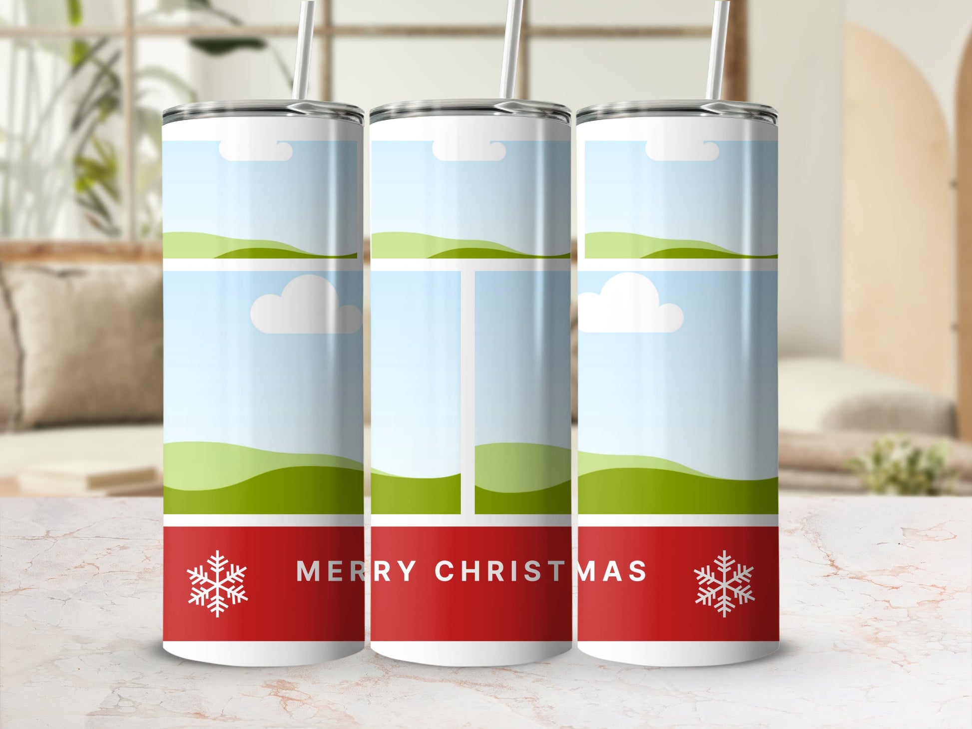 Three tumblers with winter landscape and "Merry Christmas" text.