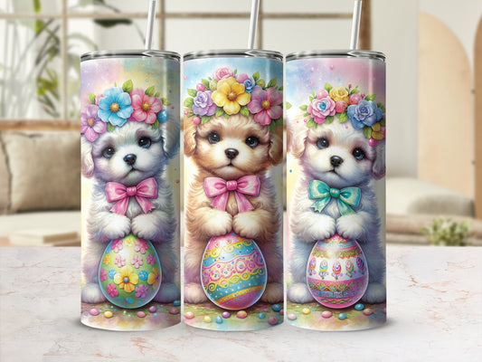 Three cartoon puppies with flower crowns and Easter eggs.