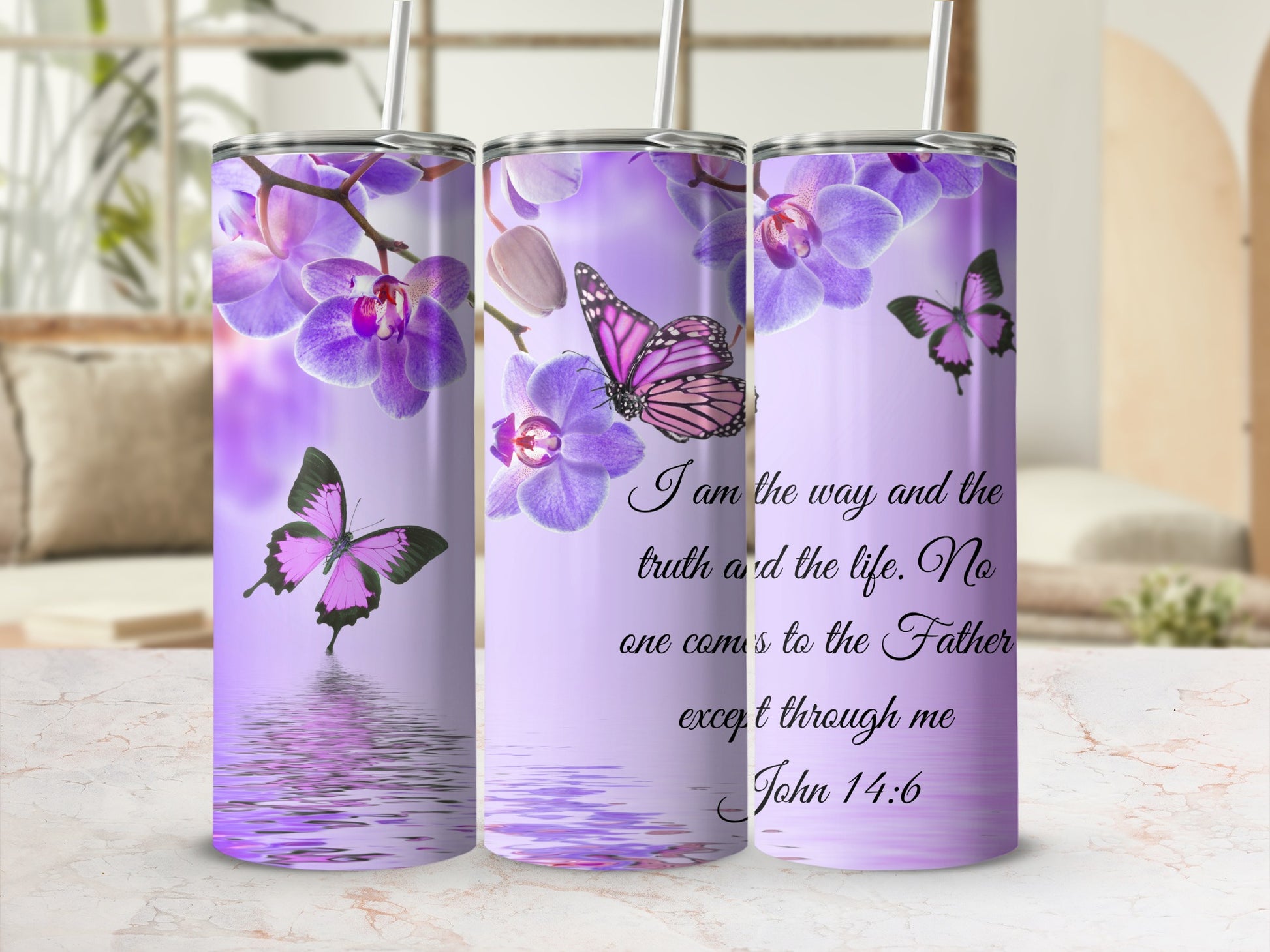 Elegant Purple Butterfly Floral Tumbler with Quote Art