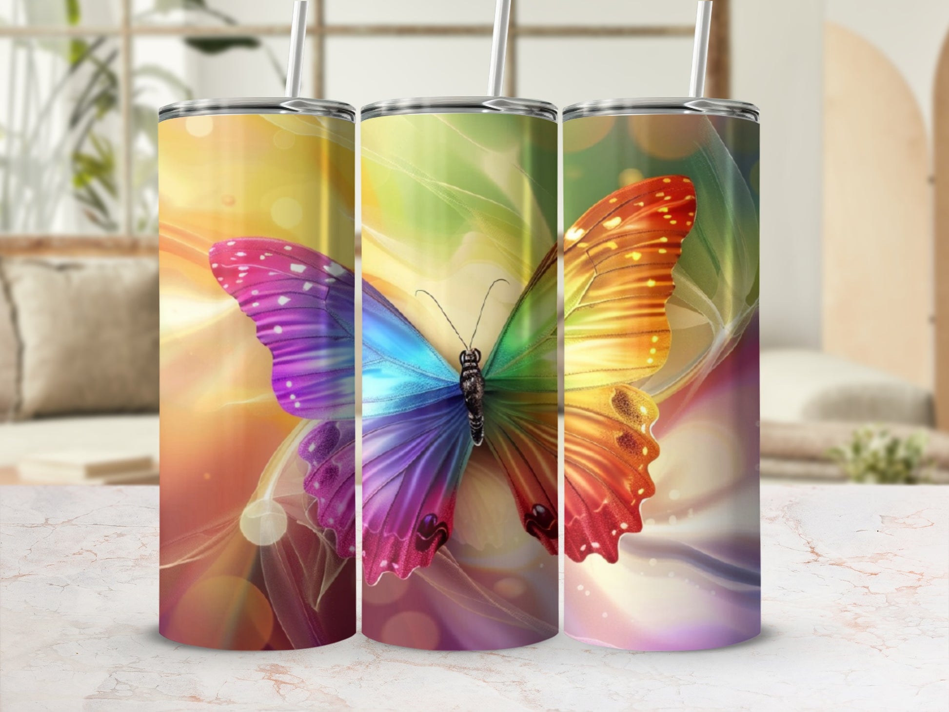 Colorful butterfly tumbler with gradient wings on a light background.