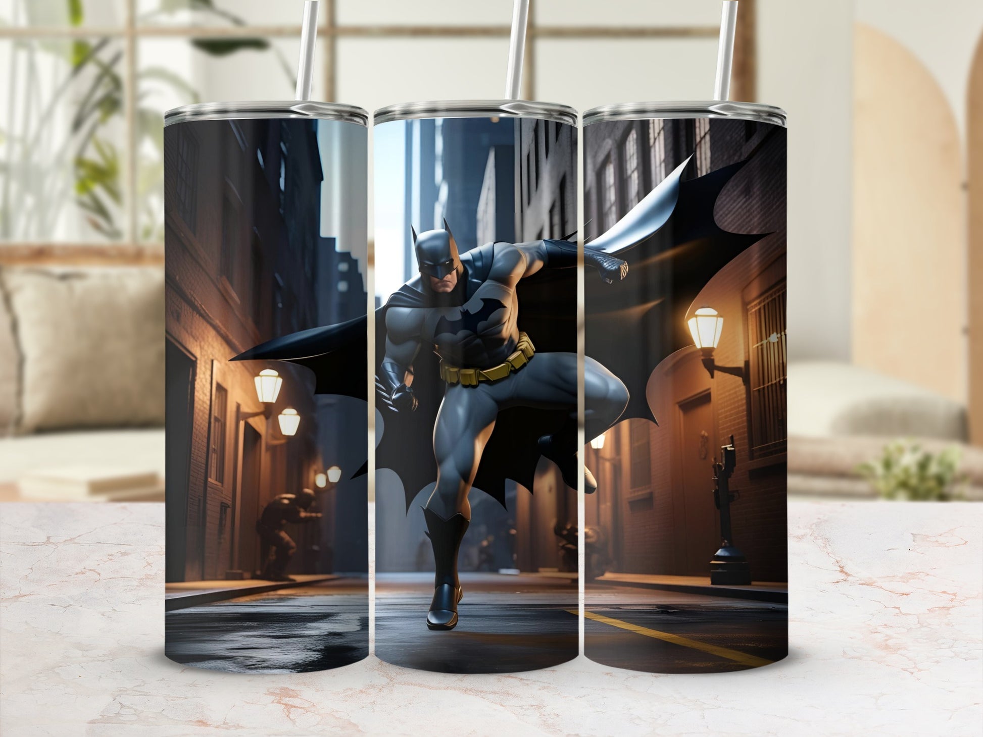 Batman in a dynamic pose on a city street, artwork on a tumbler.