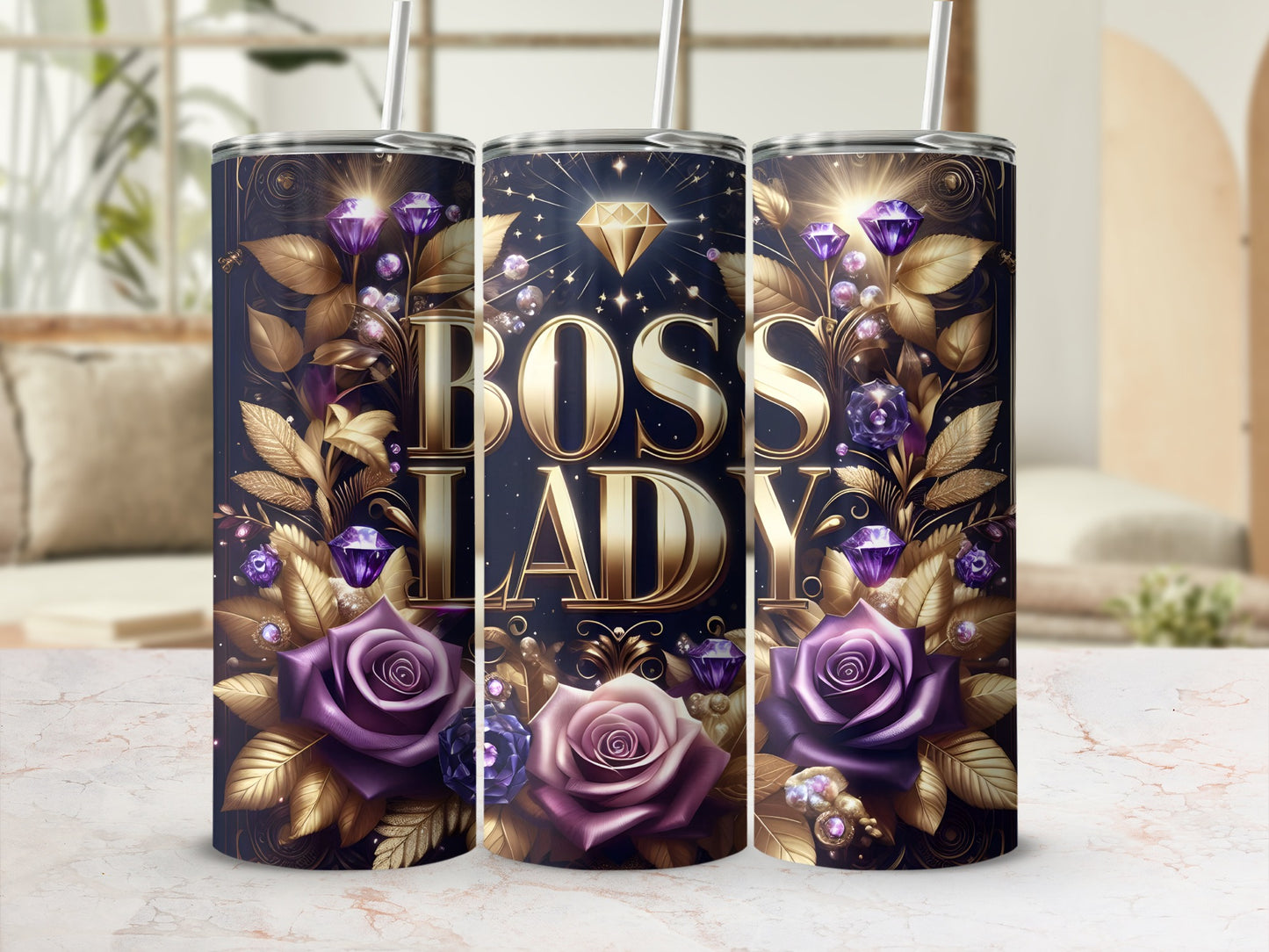 Elegant Purple Floral Boss Lady Tumbler with Straw