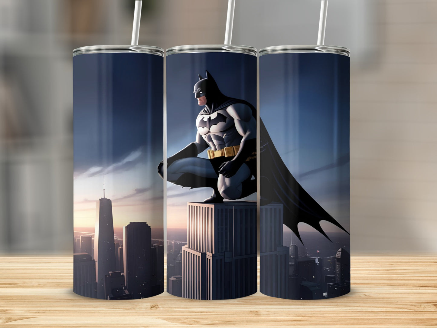 Batman crouches on a skyscraper overlooking a city skyline at dusk.