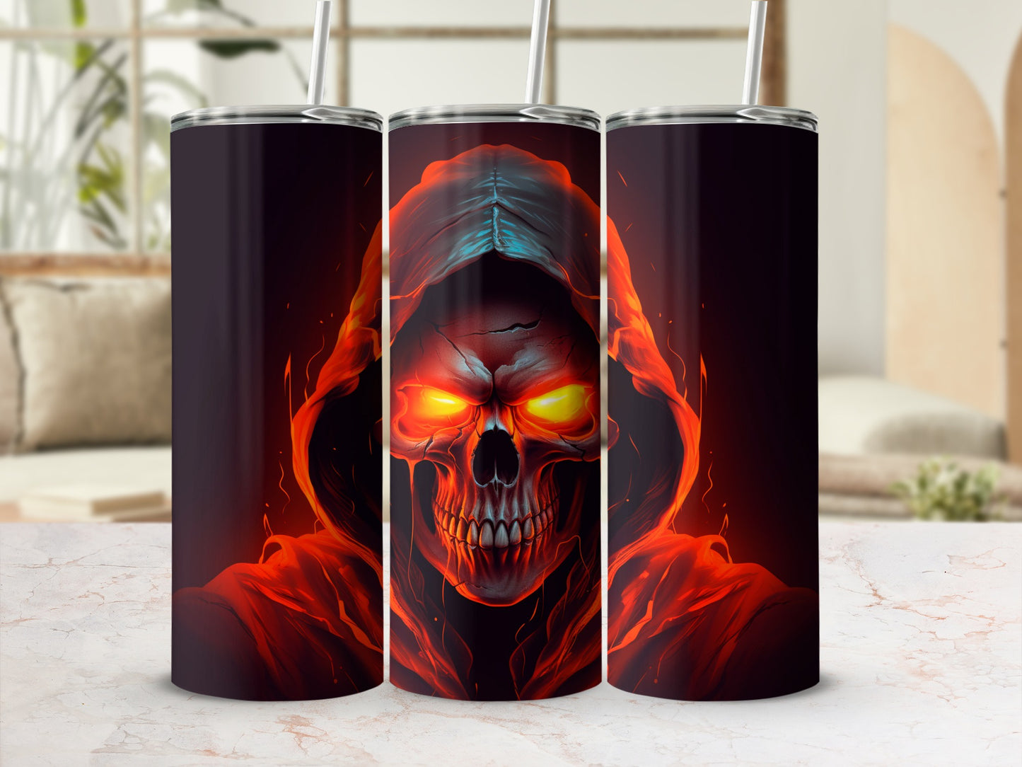 Three tumblers with a fiery grim reaper skull design in reds and oranges.