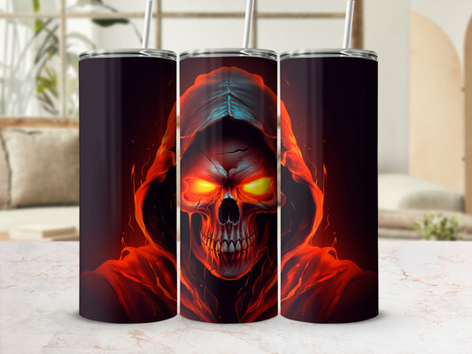 Three tumblers with a fiery grim reaper skull design in reds and oranges.