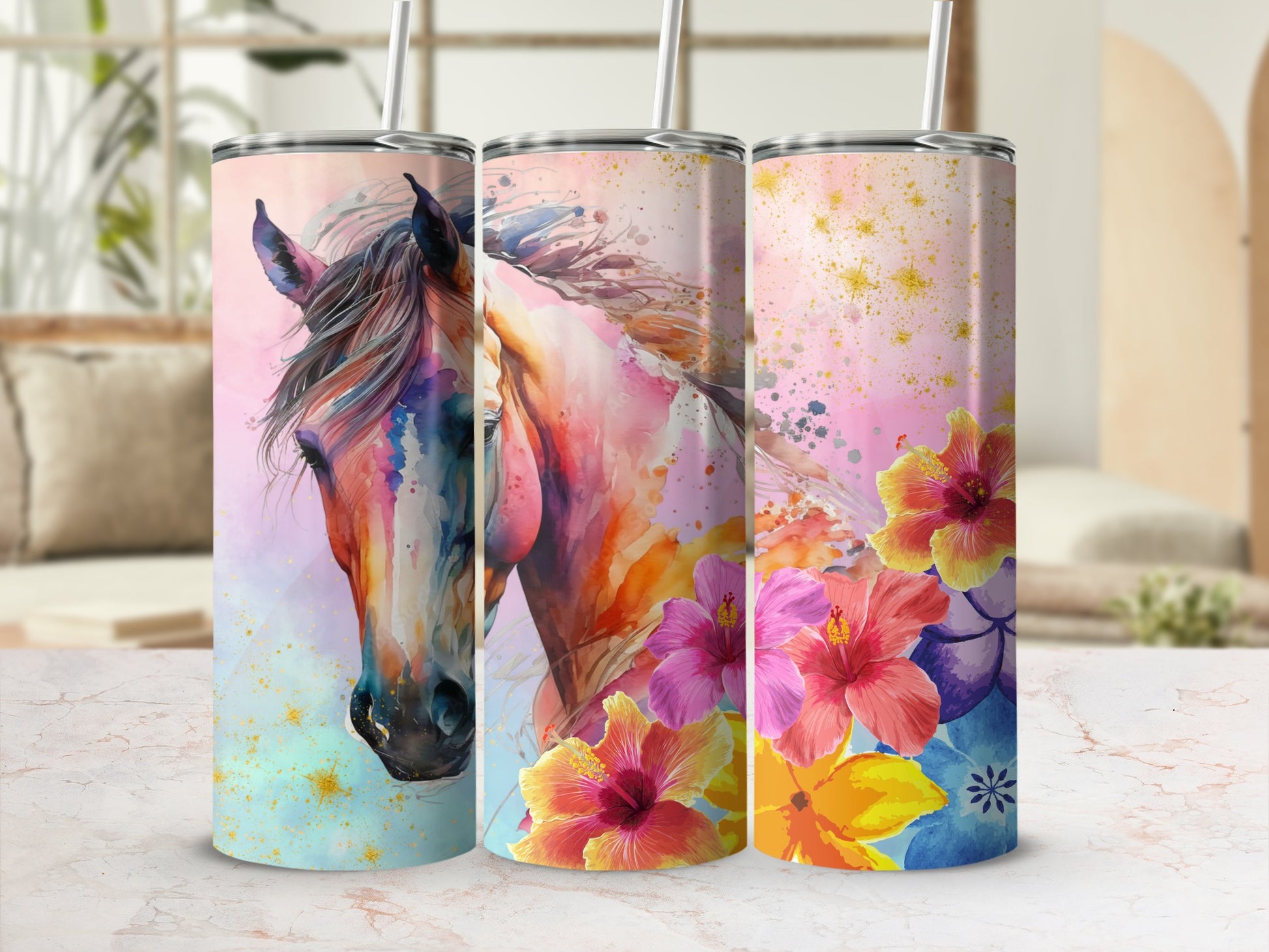 Colorful Floral and Horse Themed Tumbler Set