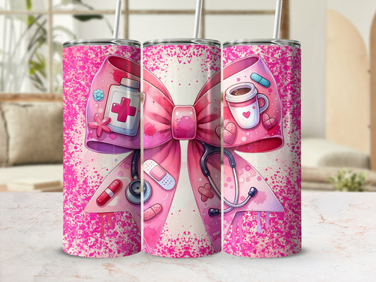 Pink Medical Theme Tumbler With Nurse Elements Design