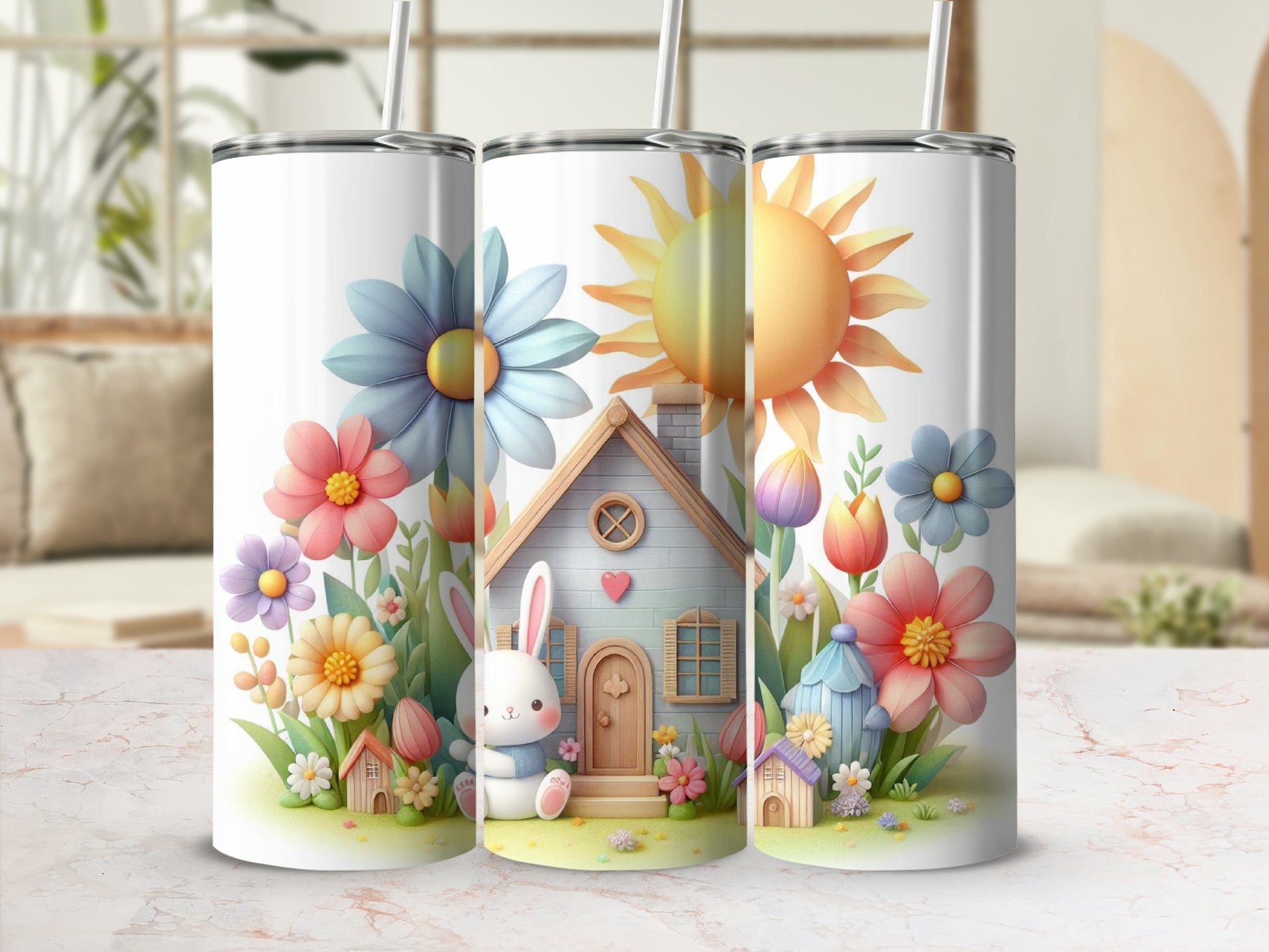 Spring-themed tumbler with bunny, flowers, sun, and house.