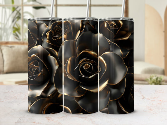 Three dark rose patterned tumblers with gold accents and straws.