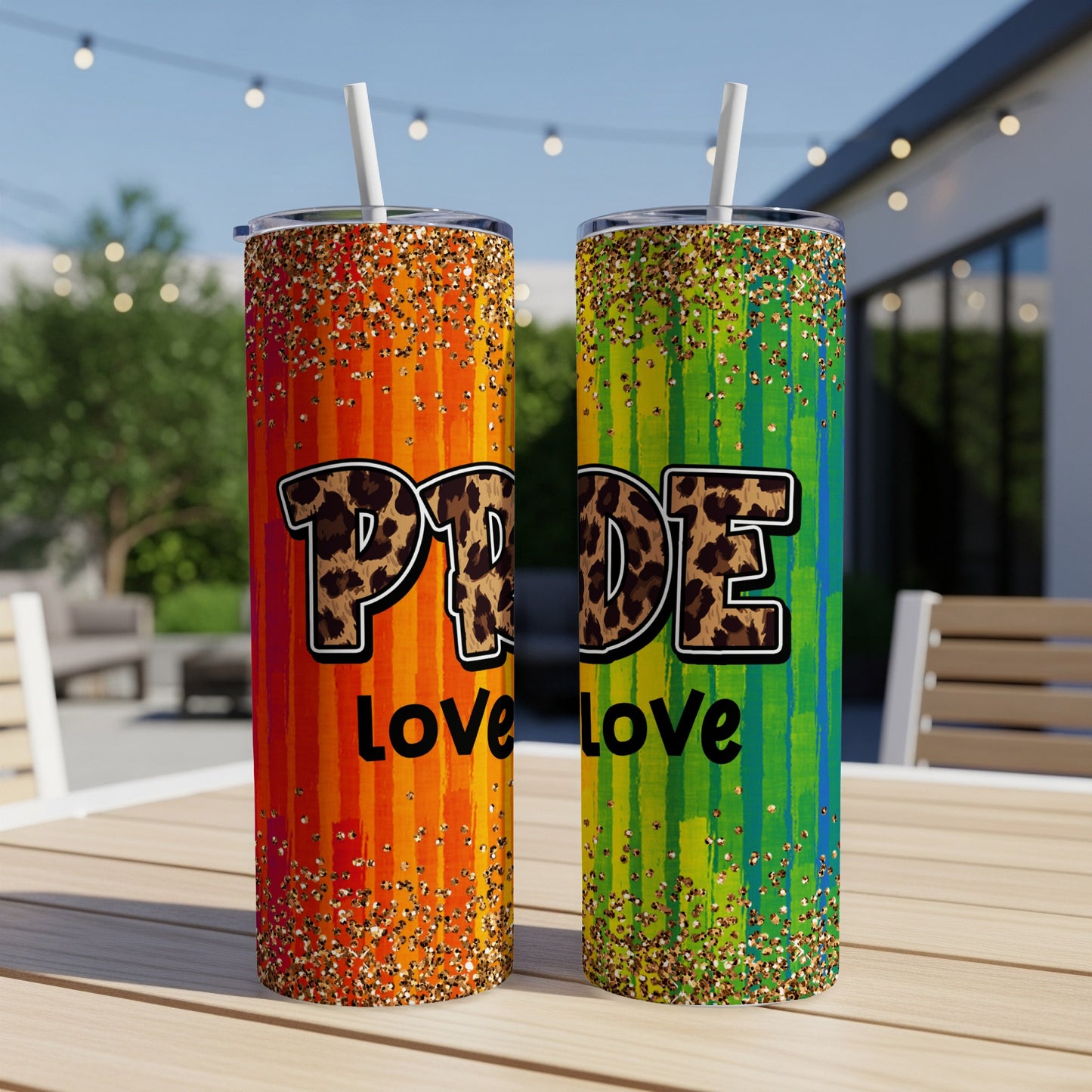 Two tumblers with "PRIDE Love" text and rainbow, glitter, and leopard print designs.