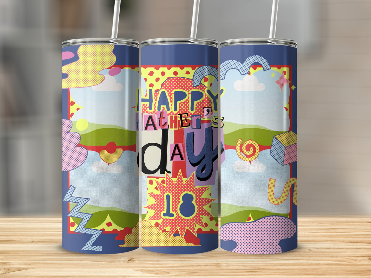 Tumblers with "Happy Father's Day" and a "18" graphic in a colorful, abstract design.