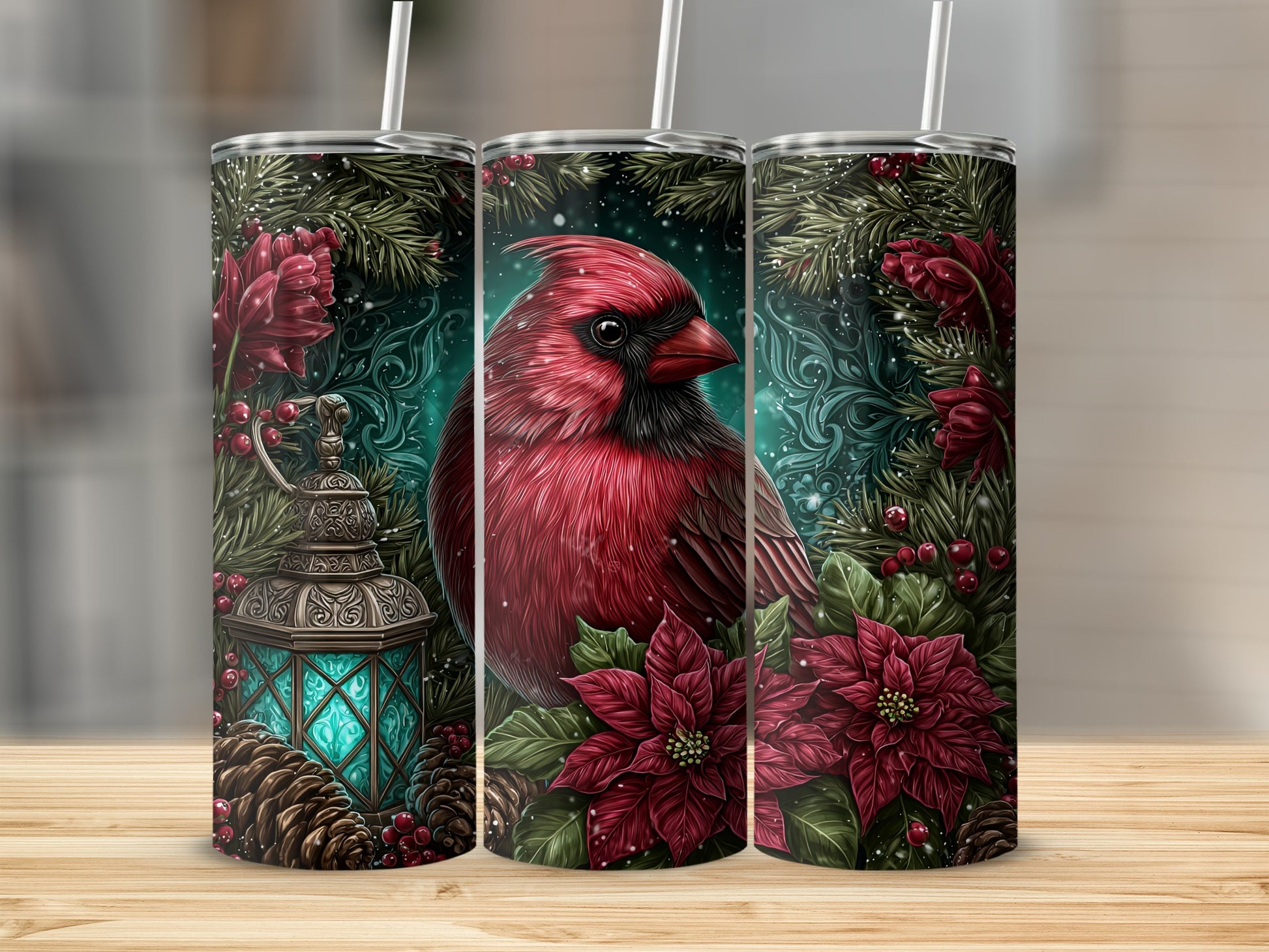 Festive Cardinal and Winter Lantern Tall Tumbler Cup