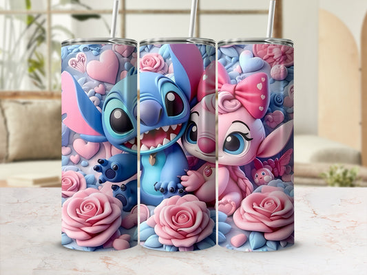 Cute Blue and Pink Character Floral Tumbler