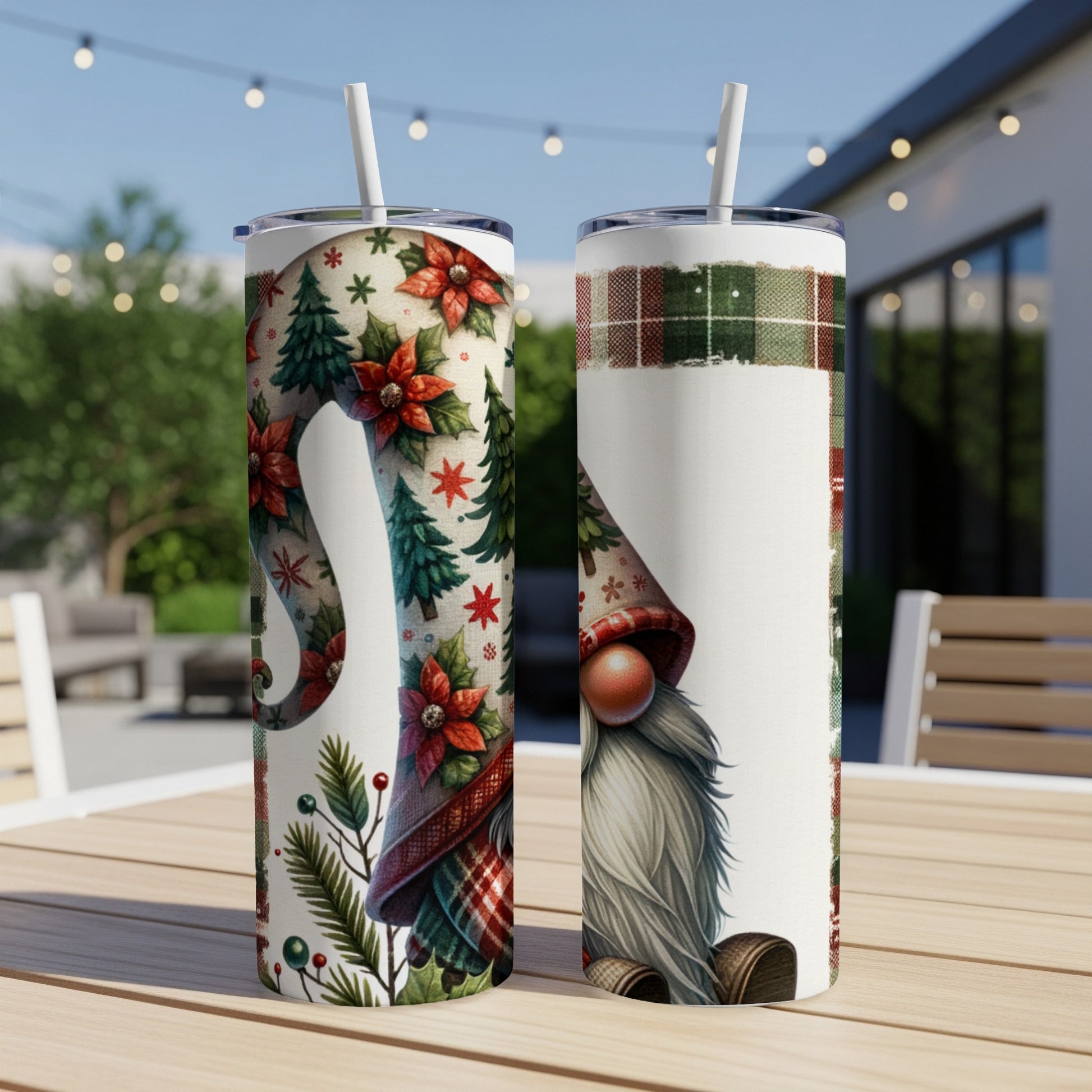 Two white tumblers with Christmas gnome and plaid patterns.