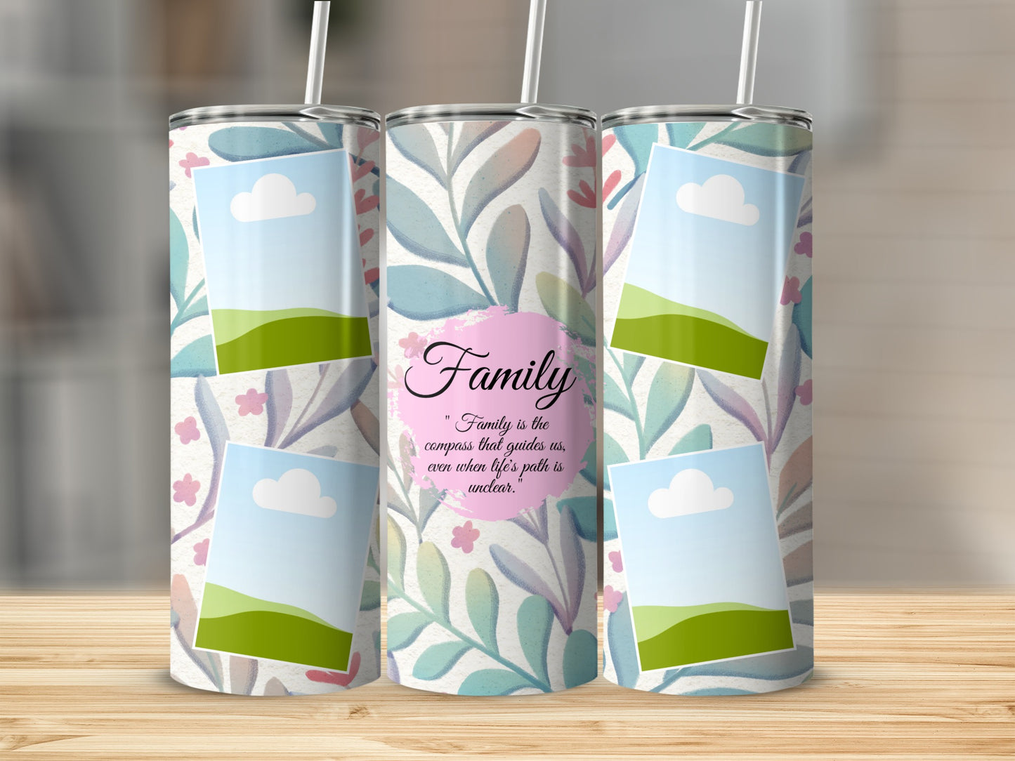Tumblers with floral design and "Family" quote with photo placeholders.