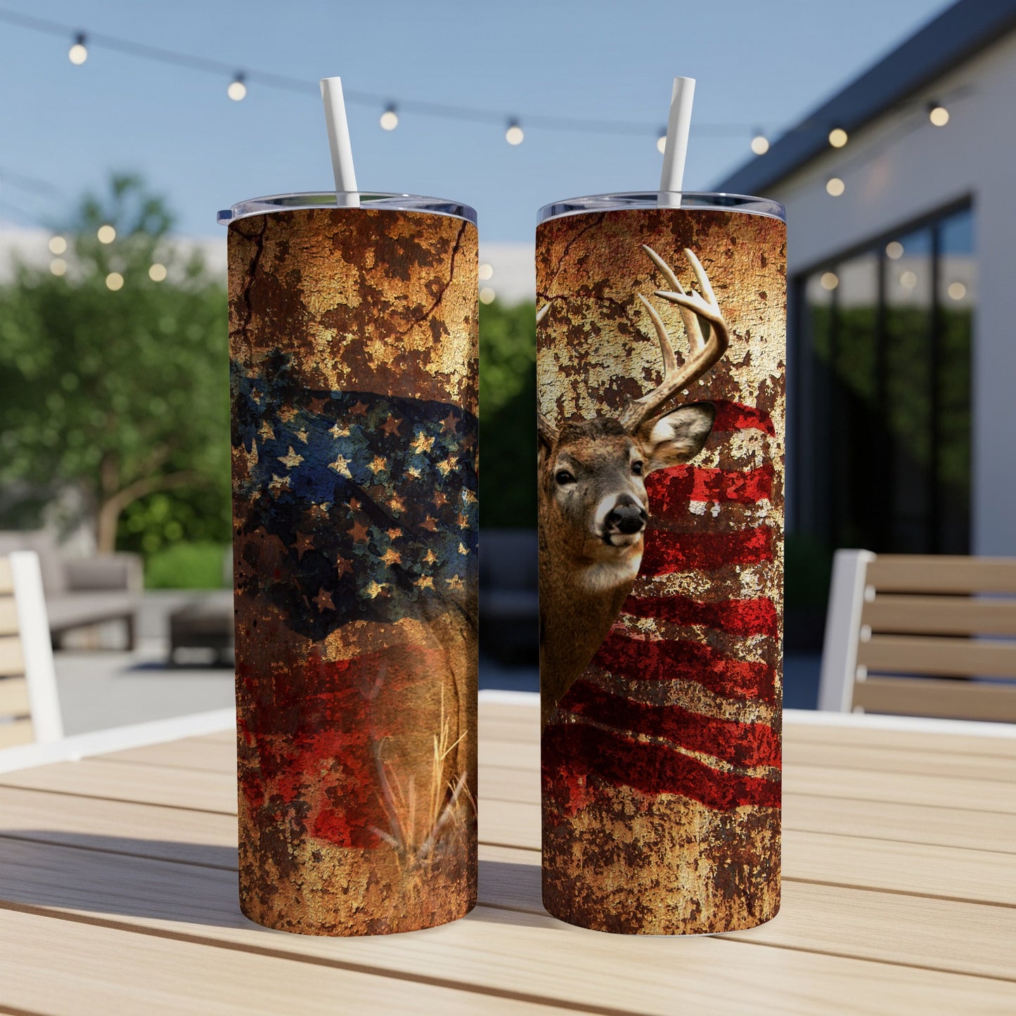 Two tumblers with distressed American flag and deer imagery.