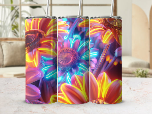 Floral pattern with vibrant neon colors on three tumblers.