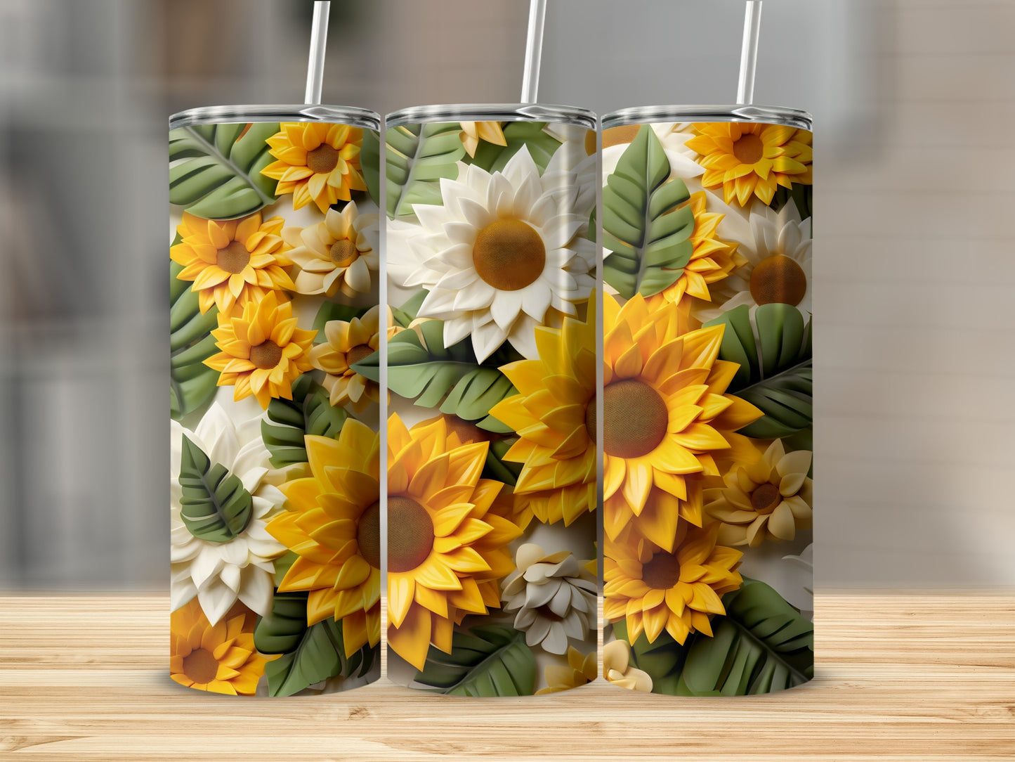 Bright Sunflower and Leaf Design Insulated Tumbler