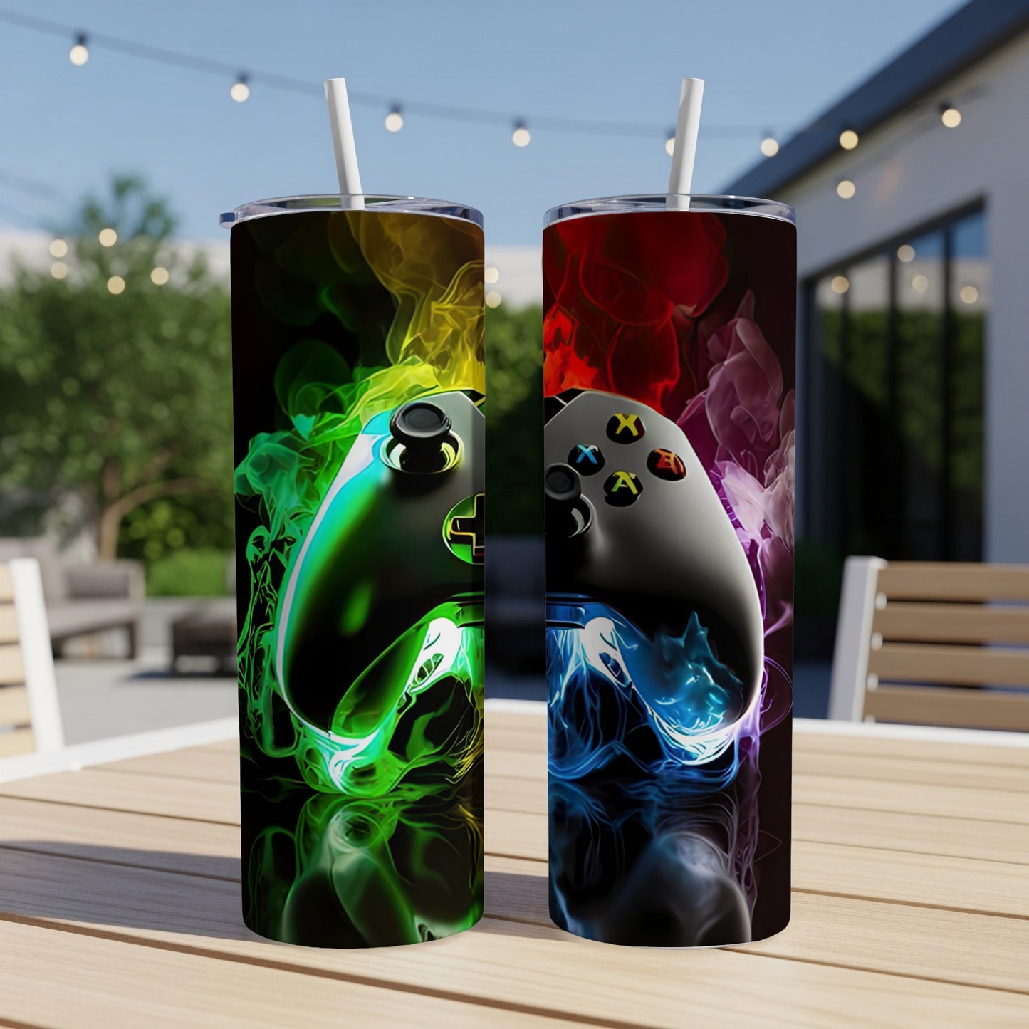 Two game controllers with colorful smoke, one green and one red.