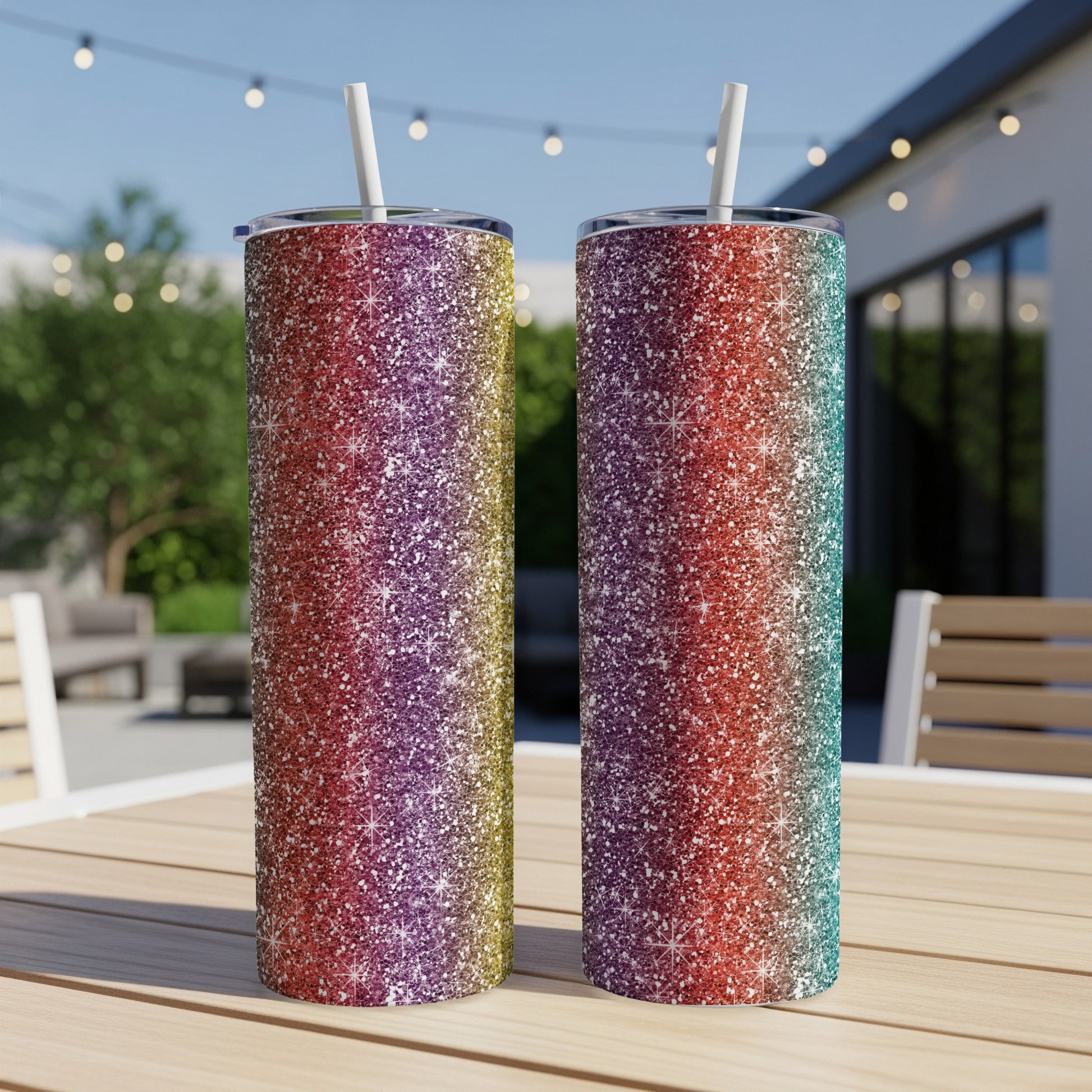 Two glitter tumblers with ombre red, purple, and yellow colors and white straws.