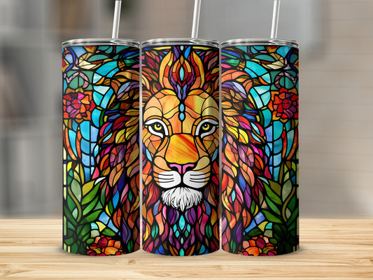 Three colorful tumblers featuring a stained-glass lion and floral design.