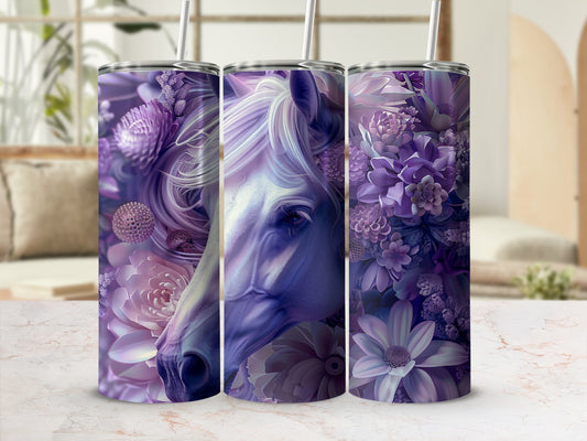 Purple floral horse tumbler with white mane and straw.