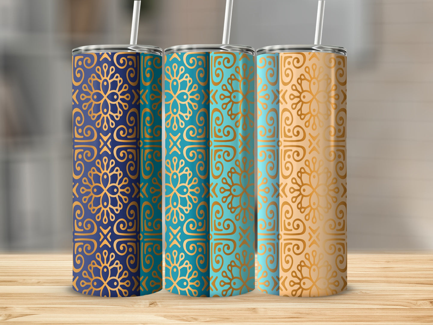 Floral Swirl Patterns Art in Blue Turquoise Gold Tumblers