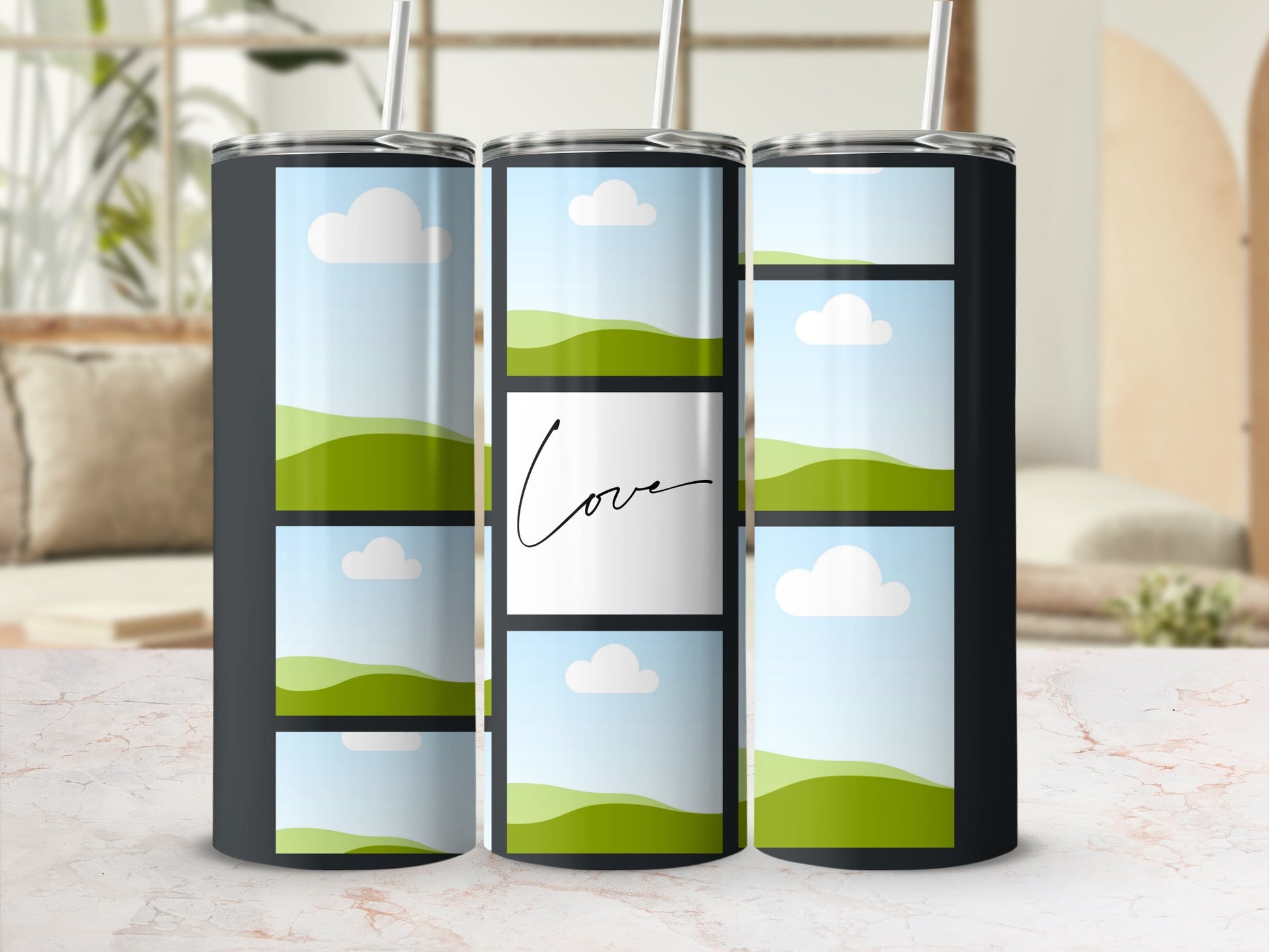 Three tumblers with a collage of green hills, blue skies, and clouds, one central panel reads "Love".