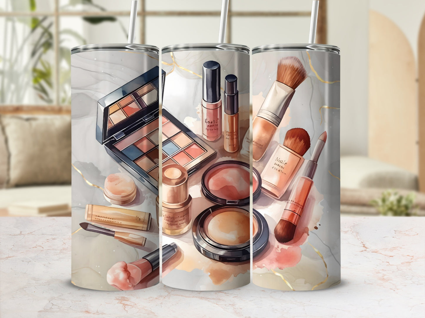 Stylish Makeup Brushes and Cosmetics Tumbler Design