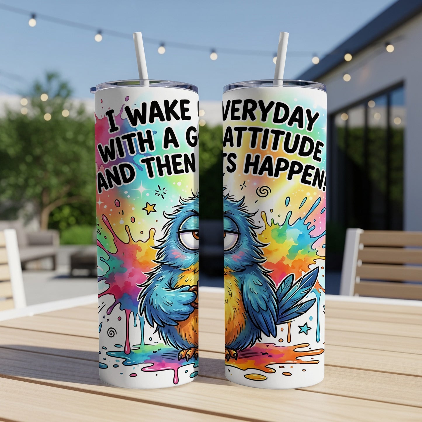 Blue bird with "I wake with a good attitude and then... it happens" on a tumbler.