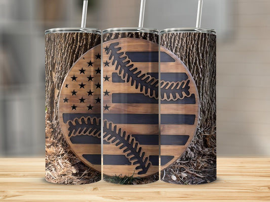 Rustic American Flag and Baseball Pattern Tumbler