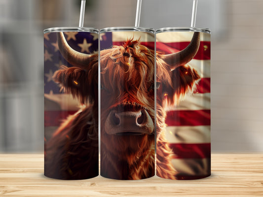 Highland cow with American flag background on three tumblers.