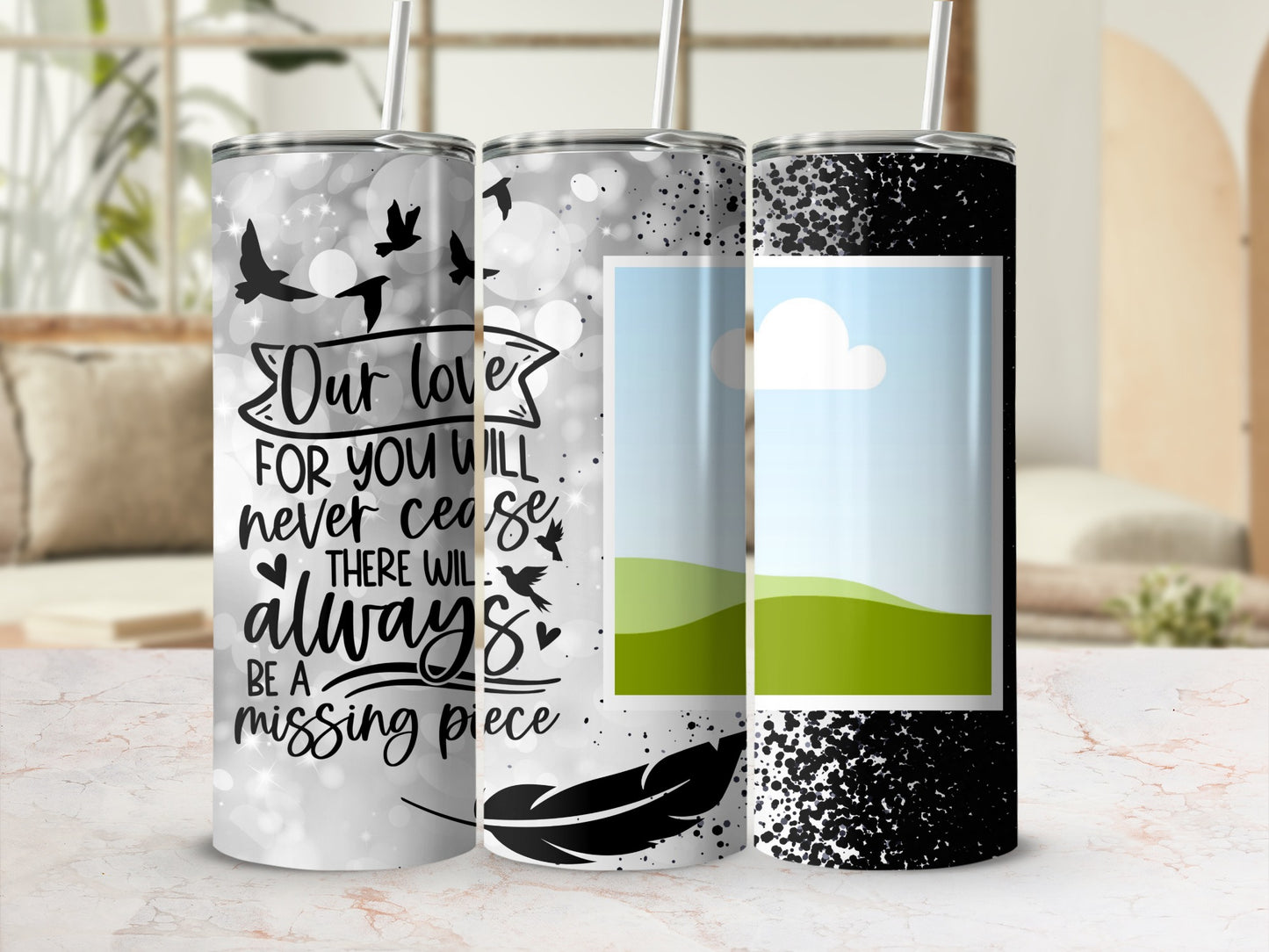 Tumblers with birds, quote, and customizable photo space.