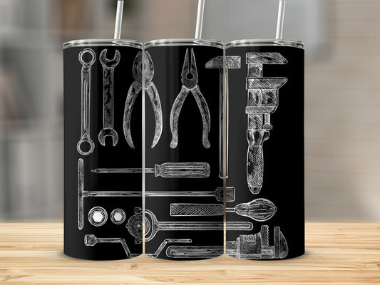 Black Tumbler with Vintage Hand Tool Drawing Design