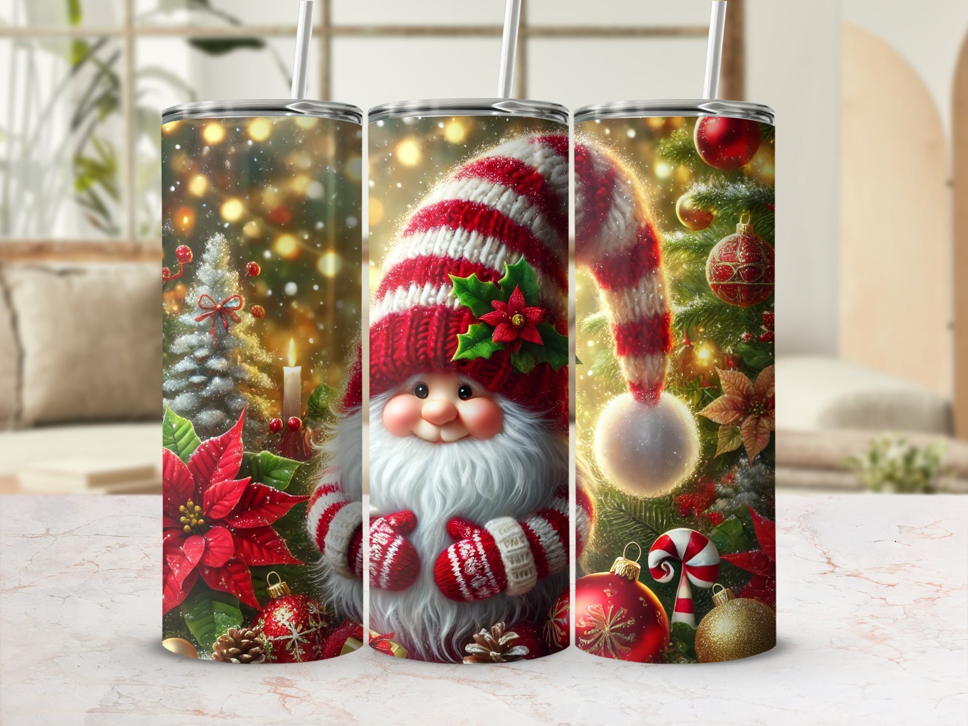 Three tumblers decorated with a gnome, poinsettias, and festive Christmas elements.