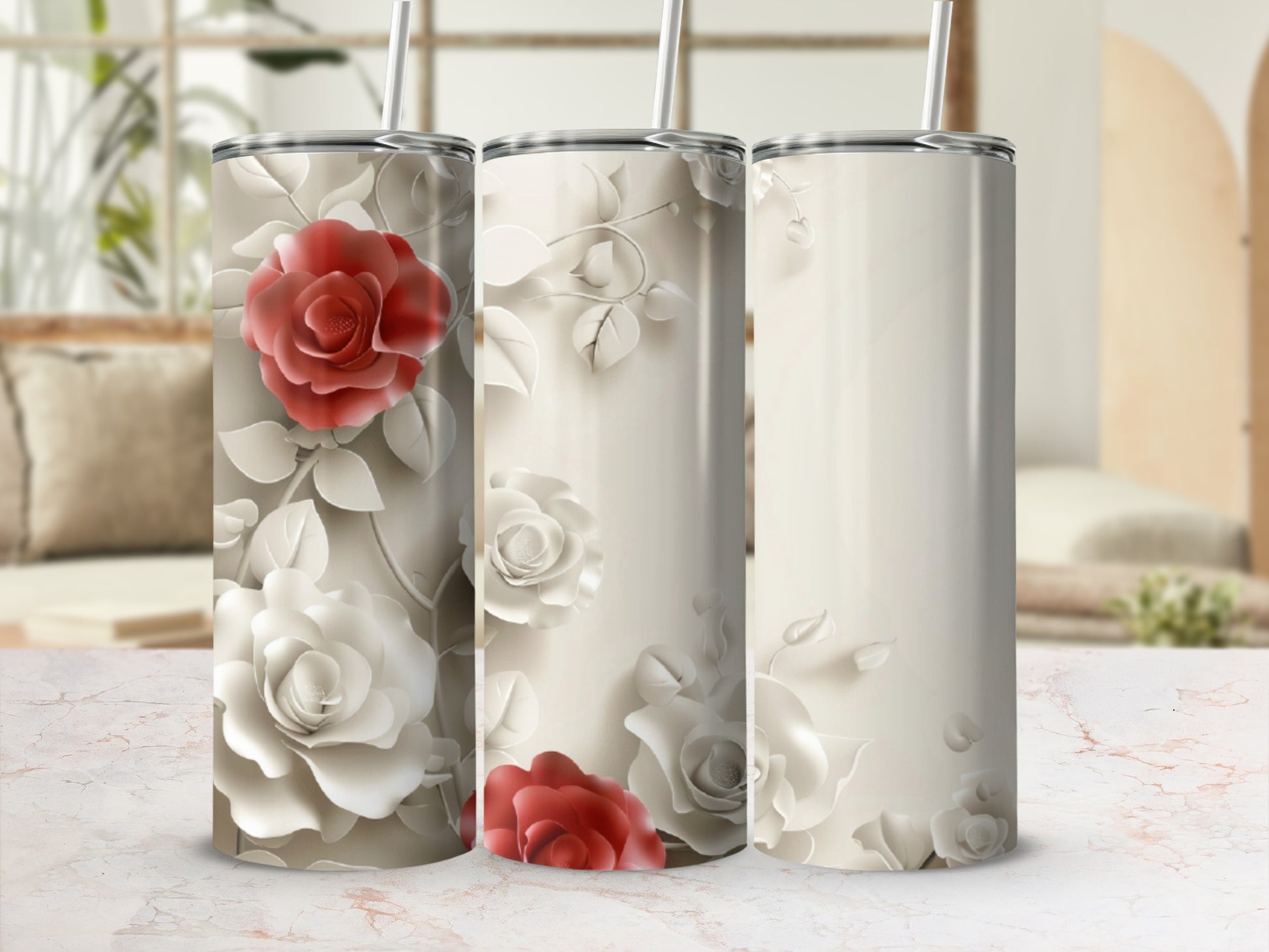 Three tumblers with raised rose designs in red and white.