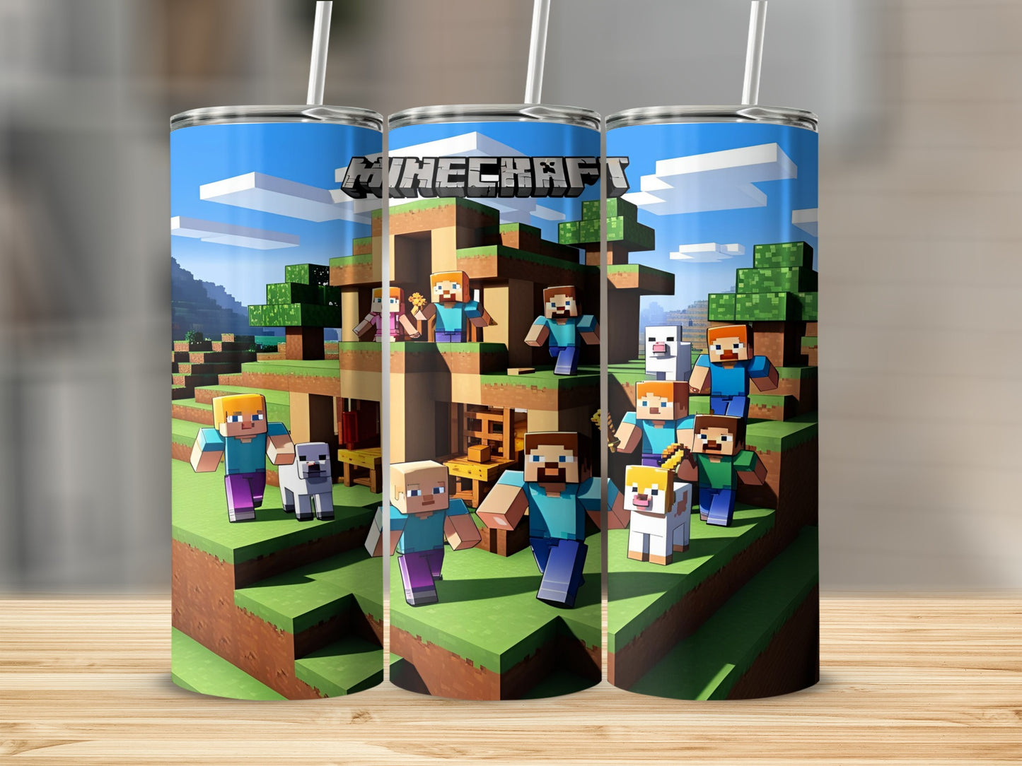 Minecraft characters and animals on a grassy landscape.
