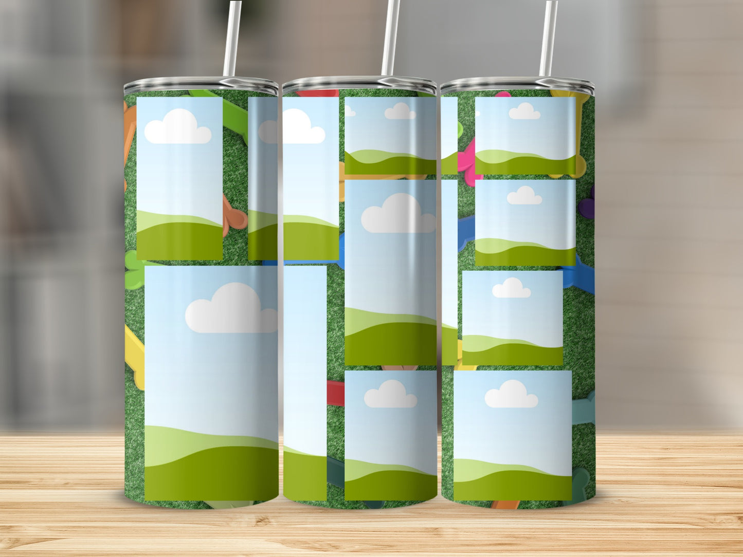 Three tumblers with a grass background and colorful shapes, each featuring multiple blank photo spaces.