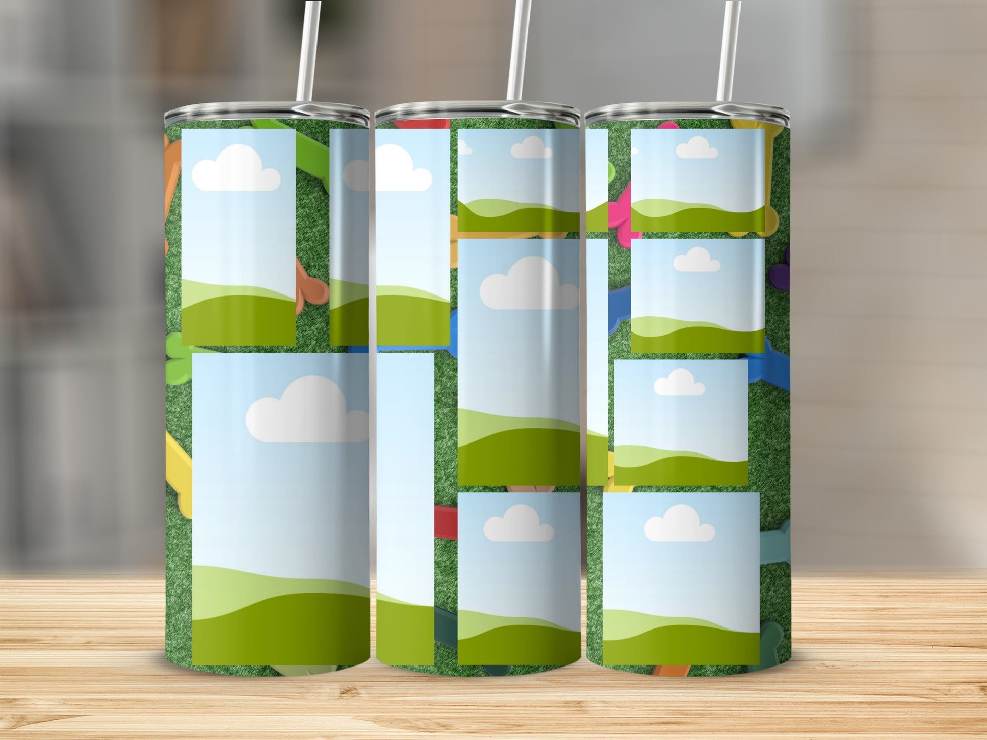 Three tumblers with a grass background and colorful shapes, each featuring multiple blank photo spaces.