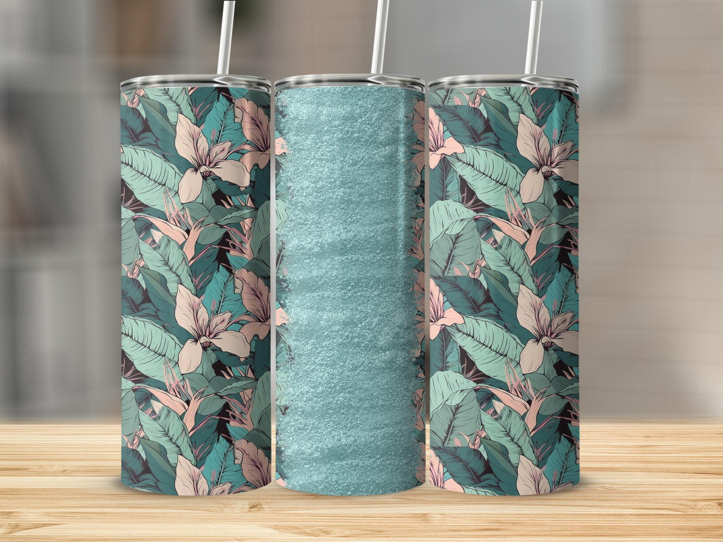 Three tall tumblers with tropical leaf and flower pattern, one with textured blue.