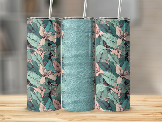 Three tall tumblers with tropical leaf and flower pattern, one with textured blue.